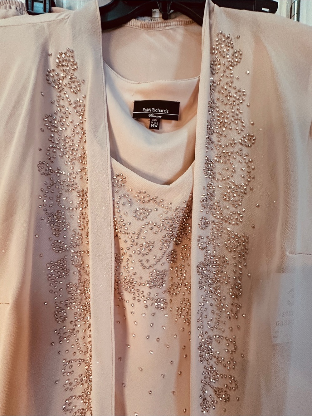 R&M Richards Embellished Blush Pink Evening Shell, Jacket and pants let size 14